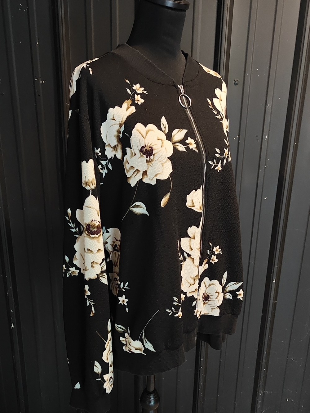 Black Floral White Roses Bomber Jacket Zipper